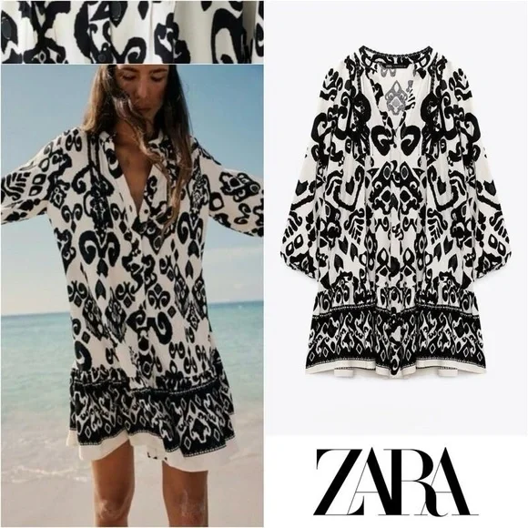 NWT Zara Black & Ecru Patterned Mini Dress - Picture 3 of 7